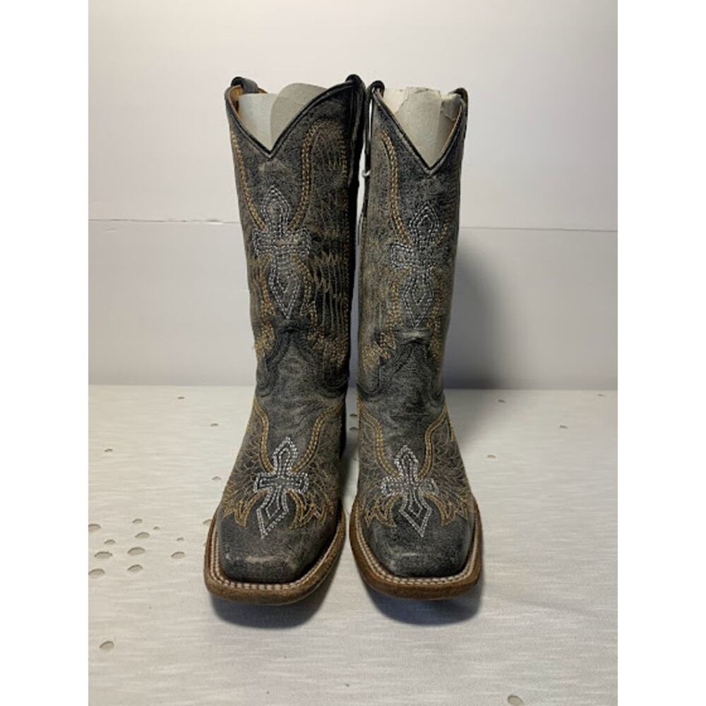 Corral Boots Black Silver Gold wing & Cross Square toe Size 2.5 A1032 girls